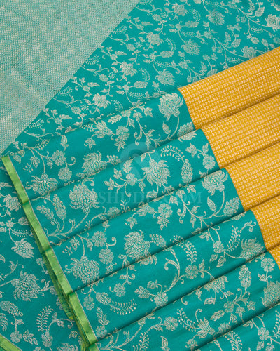 Mustard Yellow & Anandha Blue Kanjivaram Silk Saree - S1070(B) - View 4