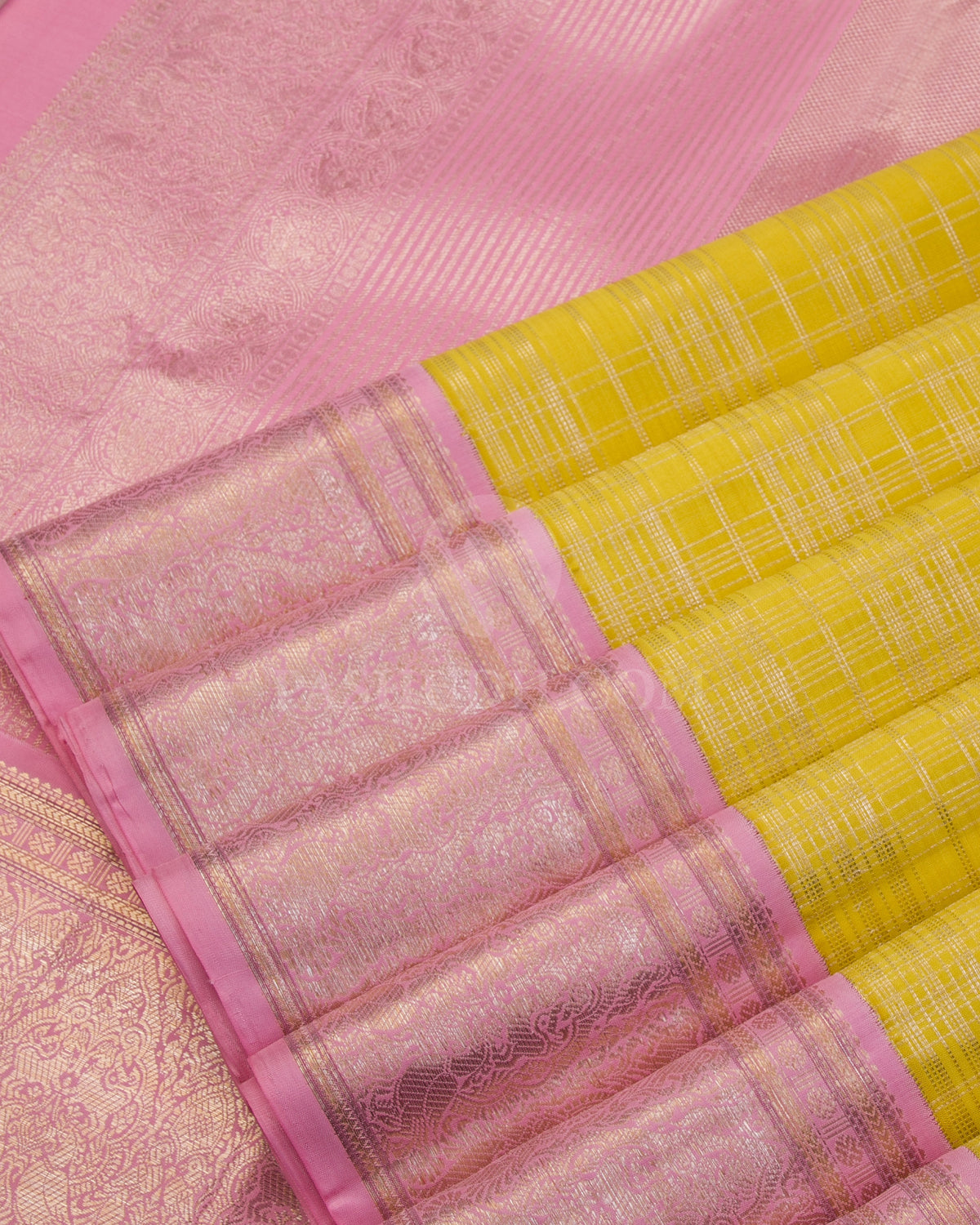Corn Yellow & Baby Pink Kanjivaram Silk Saree - S1028(A) - View 4