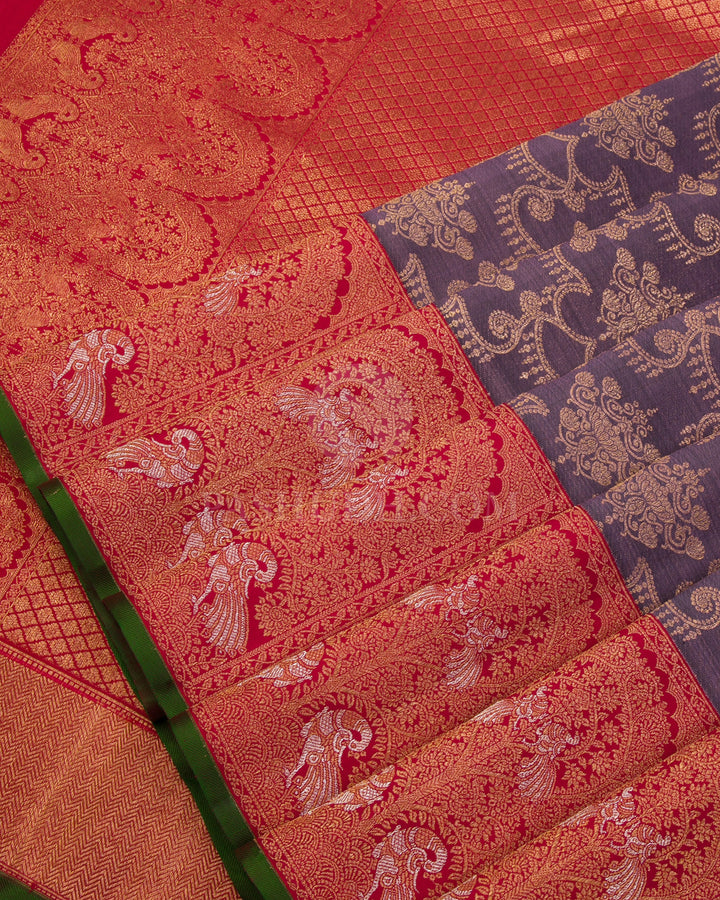 Heather Purple Shot Black & Red Kanjivaram Silk Saree - S1048(A) - View 4