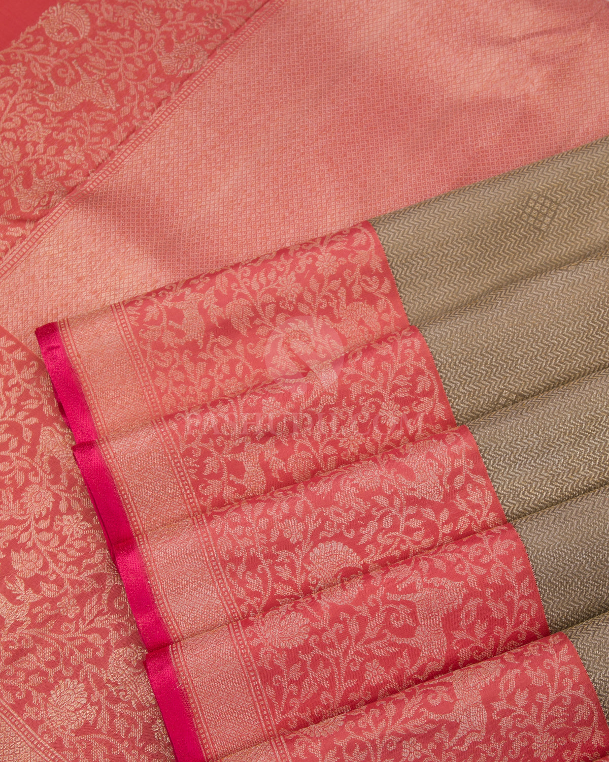 Khaki & Coral Pink  Zari Kanjivaram Silk Saree - S823 - View 5