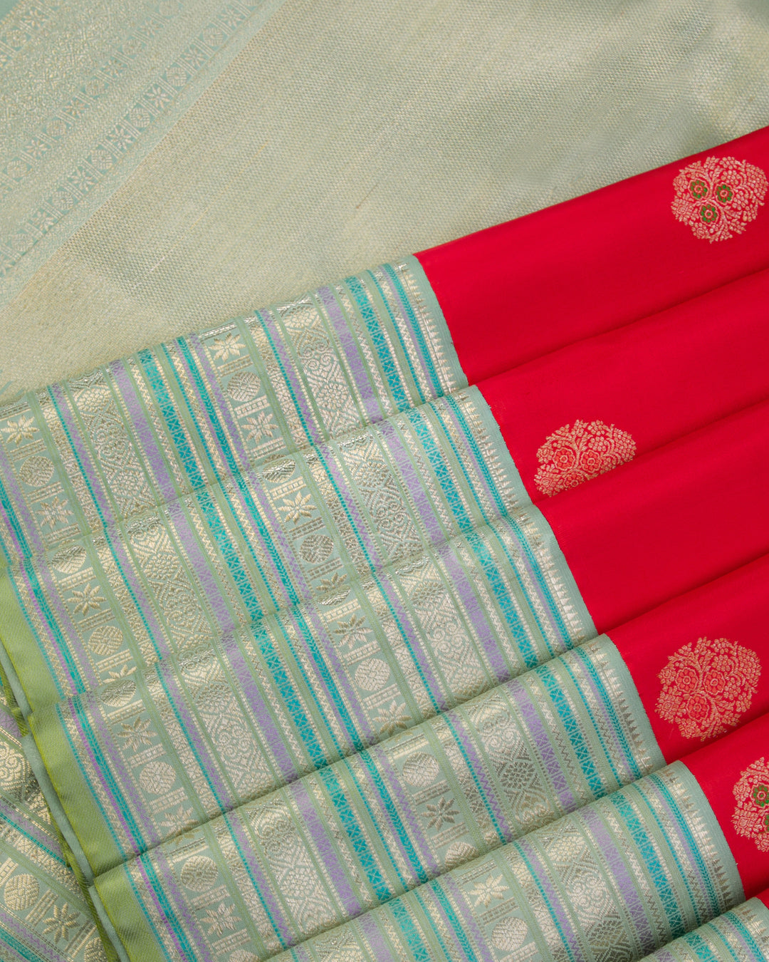 Red and Sage Green Kanjivaram Silk Saree - S908 -View 5