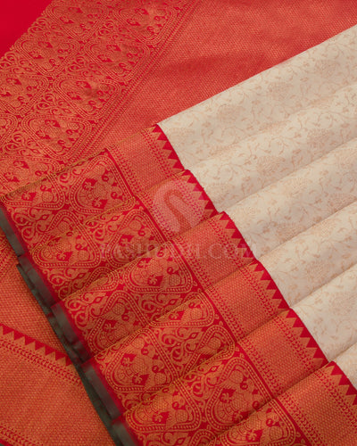 Cream / Ivory & Red Kanjivaram Silk Saree - S1019(A) - View 4