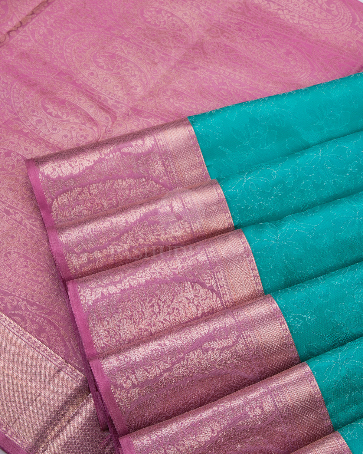 Turquoise and Pink Kanjivaram Silk Saree - DT194 - View 4