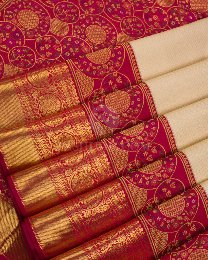 Ivory & Maroon Pure Zari Kanjivaram Silk Saree - P144(A) - View 4
