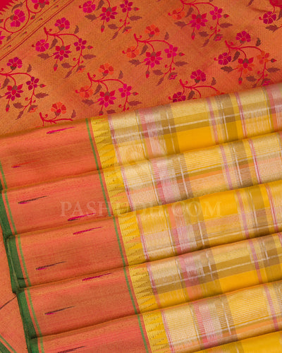 Turmeric Yellow And Red Pure Zari Paithani Kanjivaram Silk Saree - P143(B) - View 4