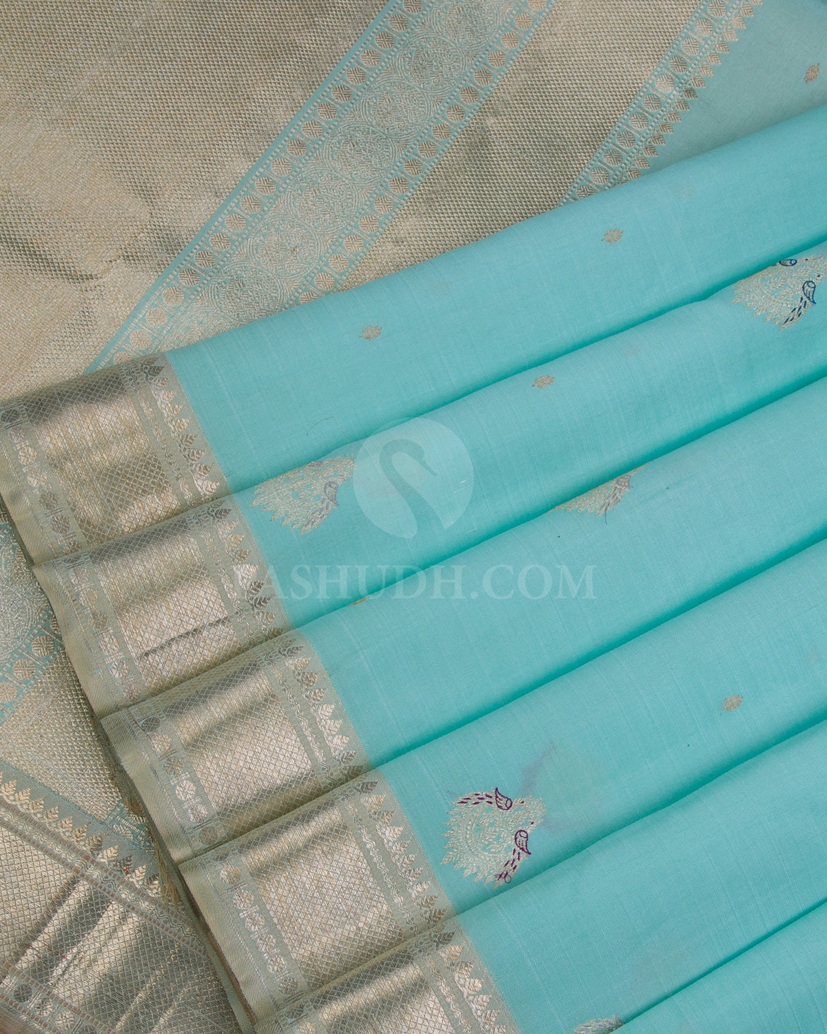 Pastel Sky Blue & Ivory Kanjivaram Silk Saree - S1100(A) - View 4