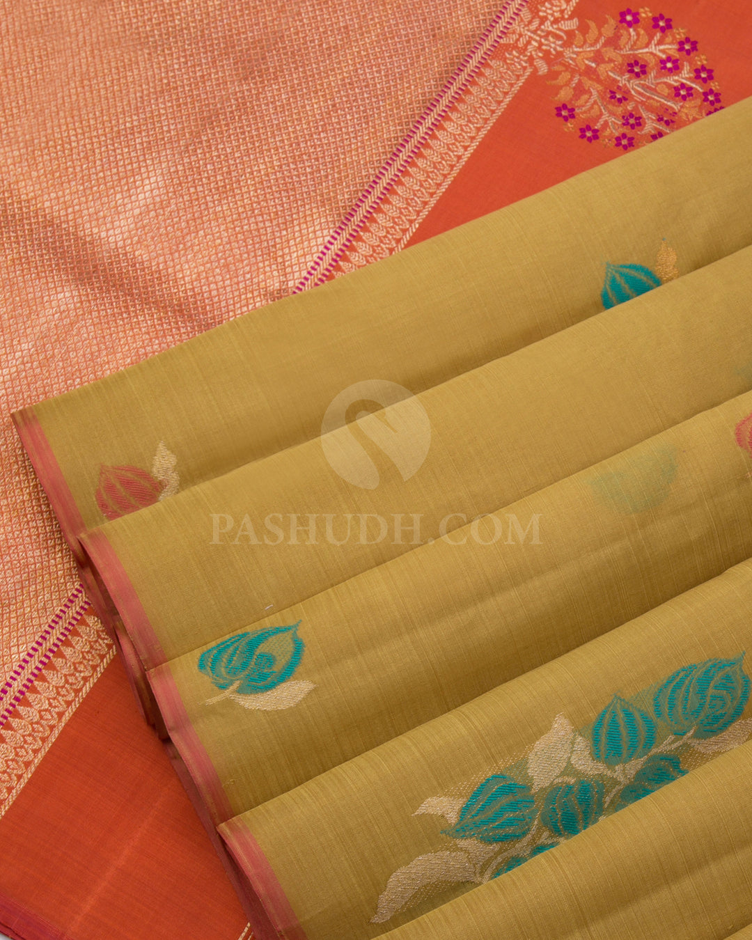 Flaxen Yellow & Rust Orange Organza Kanjivaram Silk Saree - S1025(A) - View 4