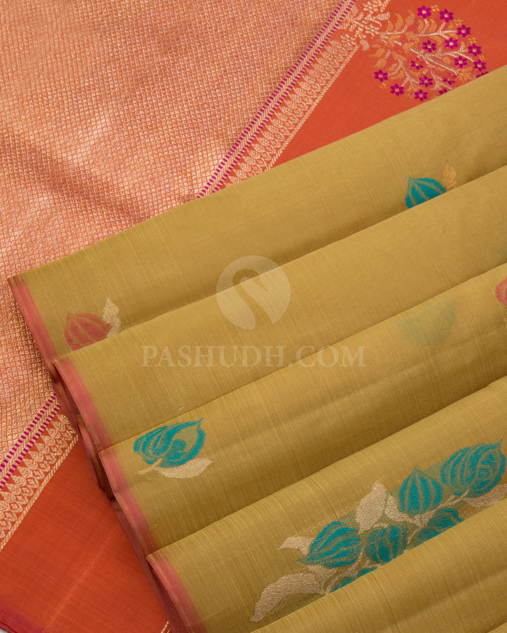 Flaxen Yellow & Rust Orange Organza Kanjivaram Silk Saree - S1025(A) - View 4