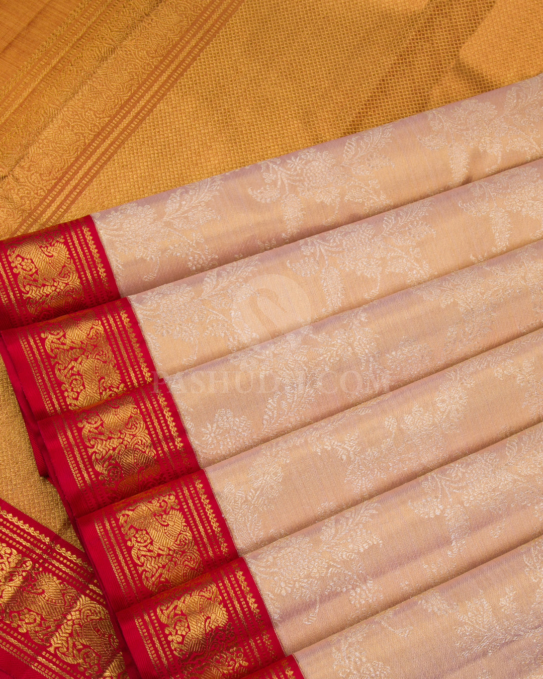 Pastel Peach & Red Tissue Kanjivaram Silk Saree - S1097(A) - View 4