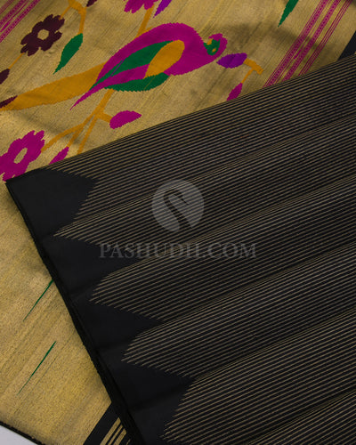 Black Pure Zari Kanjivaram Silk Saree with Paithani Pallu - P129 - View 4