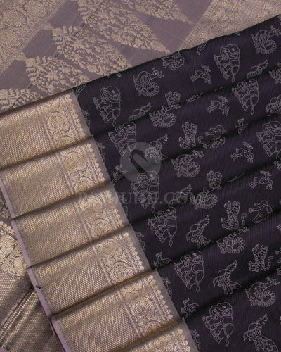 Charcoal Grey and Pale Mauve Kanjivaram Silk Saree - D520(A) - View 3