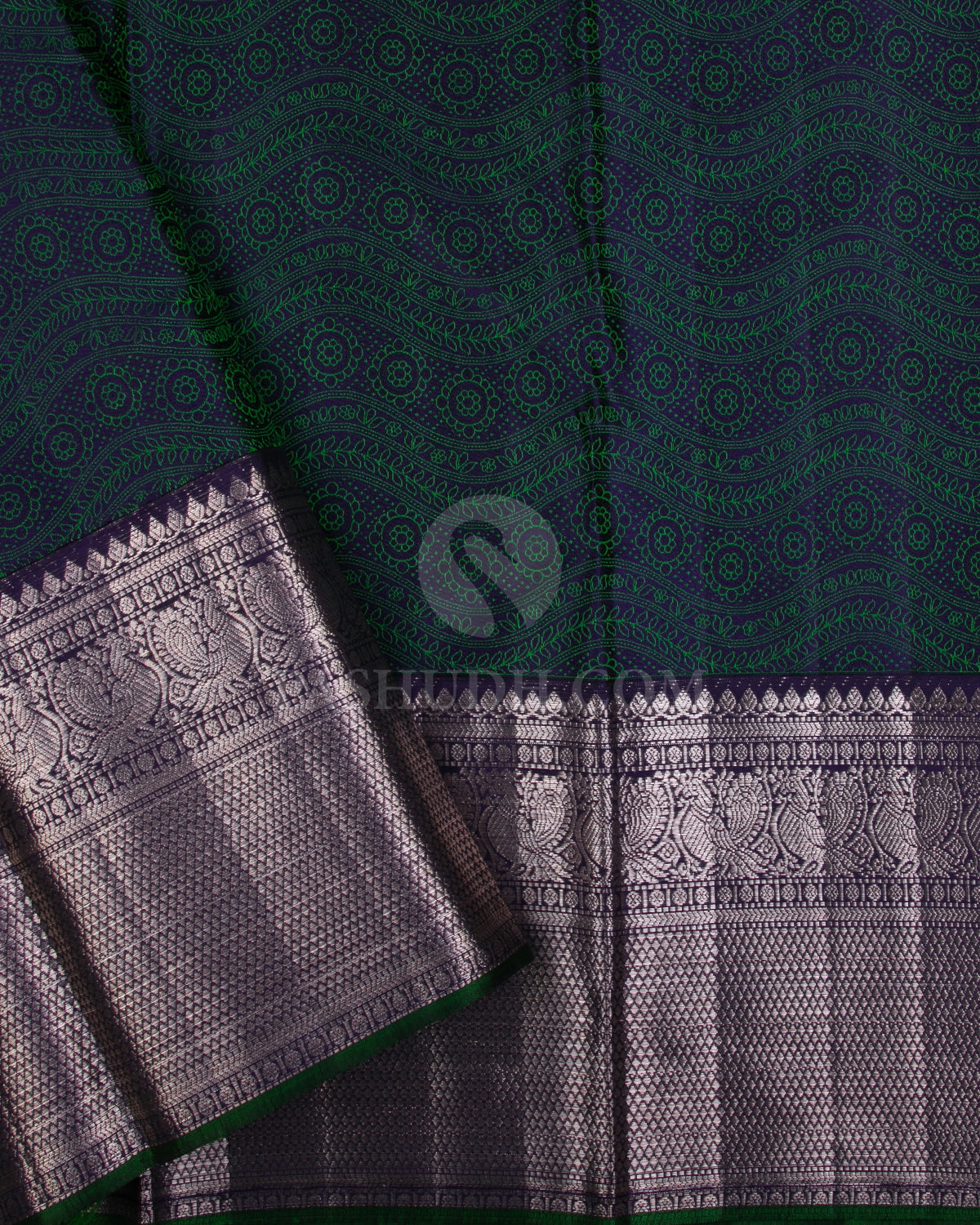 Mustard Yellow and Navy Blue Kanjivaram Silk Saree - D522(A) - View 2