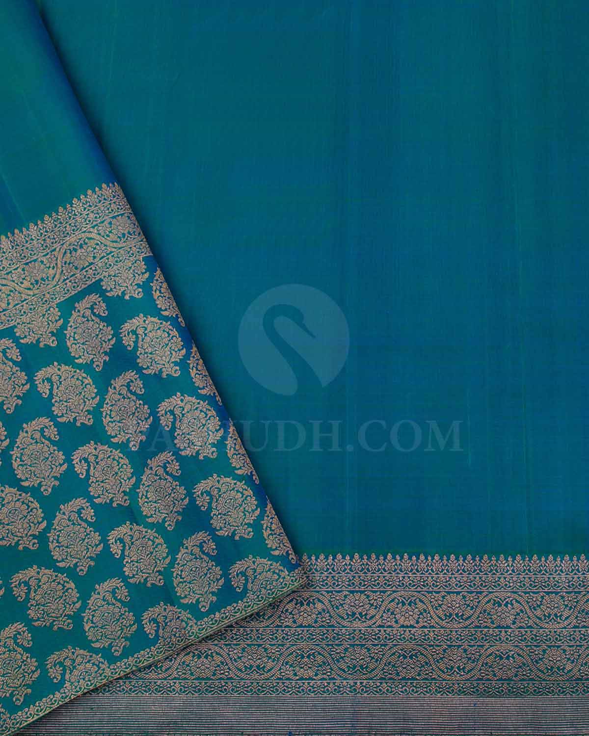 Yellow And Peacock Blue Kanjivaram Silk Saree - S1223(A)