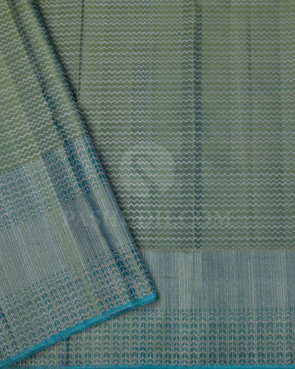 Teal Blue and Sage Green Shot Powder Blue Kanjivaram Silk Saree - D571(A)