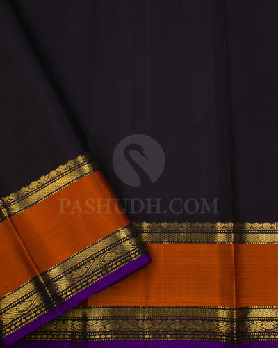 Almond White, Deep Purple And Rust Orange Traditional Kanjivaram Silk Saree - K18