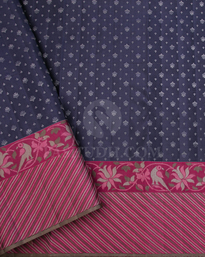 Dark Grey And Raspberry Pink Kanjivaram Silk Saree - D560(B)