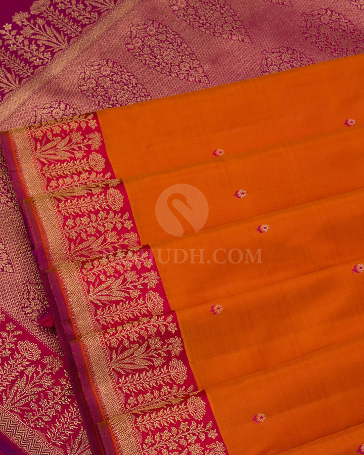Orange & Rouge Pink Kanjivaram Silkn Saree - S1007 - View 4