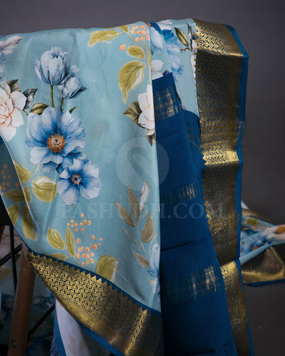 Sky Blue And Dark Blue Floral Printed Mysore Crepe Silk Saree - KP7