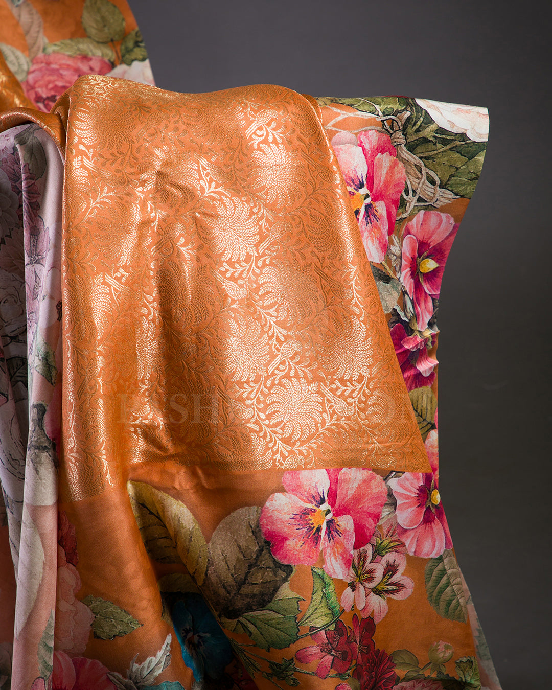 Orange Floral Print Kanjivaram Silk Saree - KP11