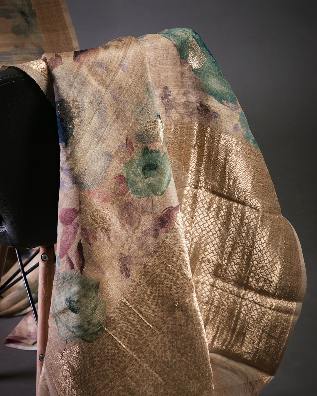 Brown Floral Printed Handloom Tussar Saree  - KP23