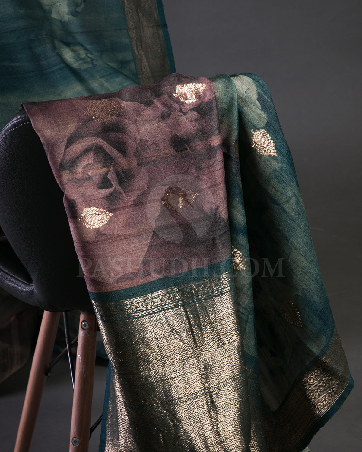 Teal Brown Printed Handloom Tussar Saree  - KP25