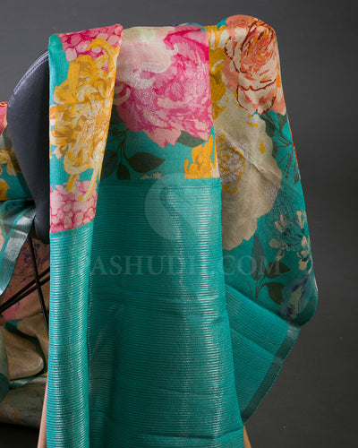 Blue Floral Handloom Tussar Jamdhani Saree - KP17