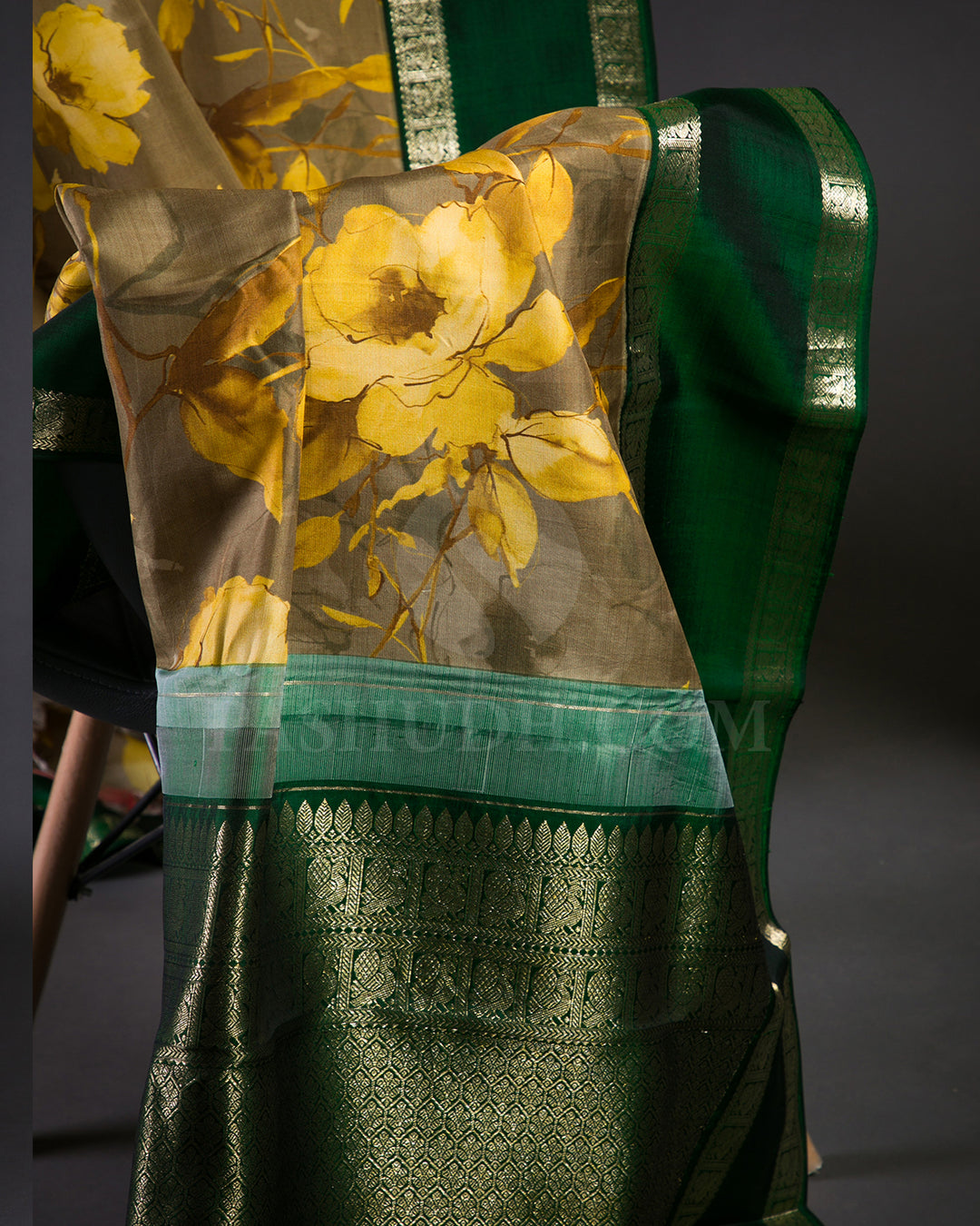 Green And Yellow Printed Handloom Korvai Kanjivaram Silk Saree - KP15