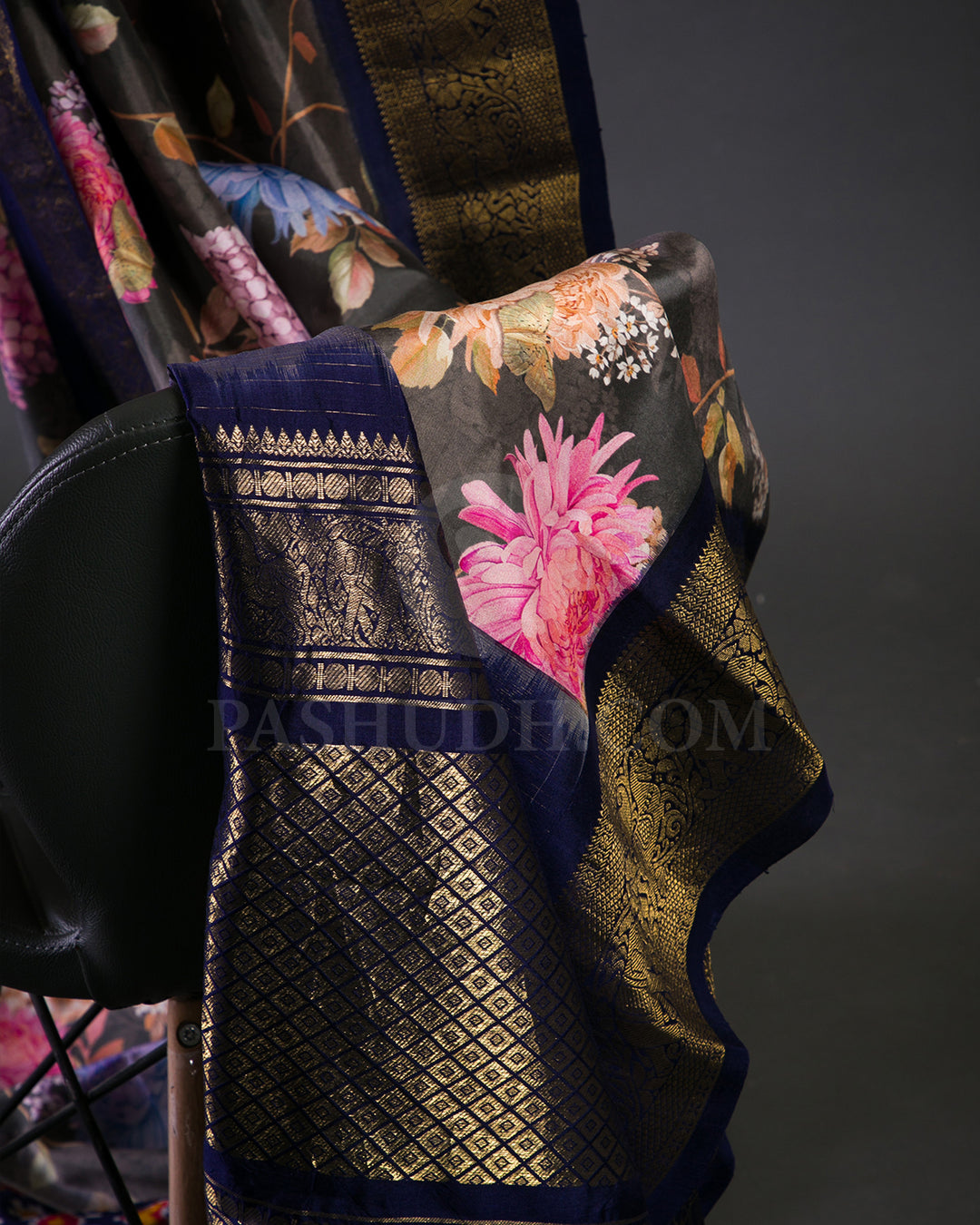 Grey And Dark Blue Handloom Printed Kanjivaram Silk Saree - KP1