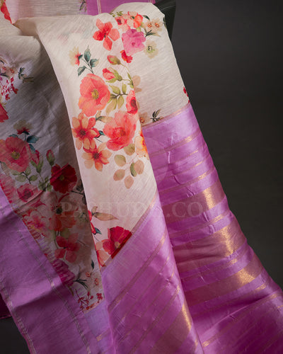 Cream And Pink Printed Korvai Kanjivaram Silk Saree - KP9