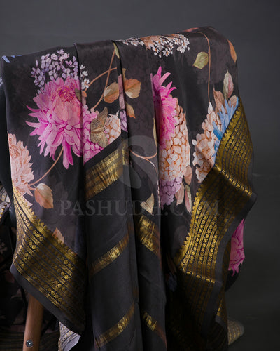 Black Floral Printed Mysore Crepe Silk Saree - KP6