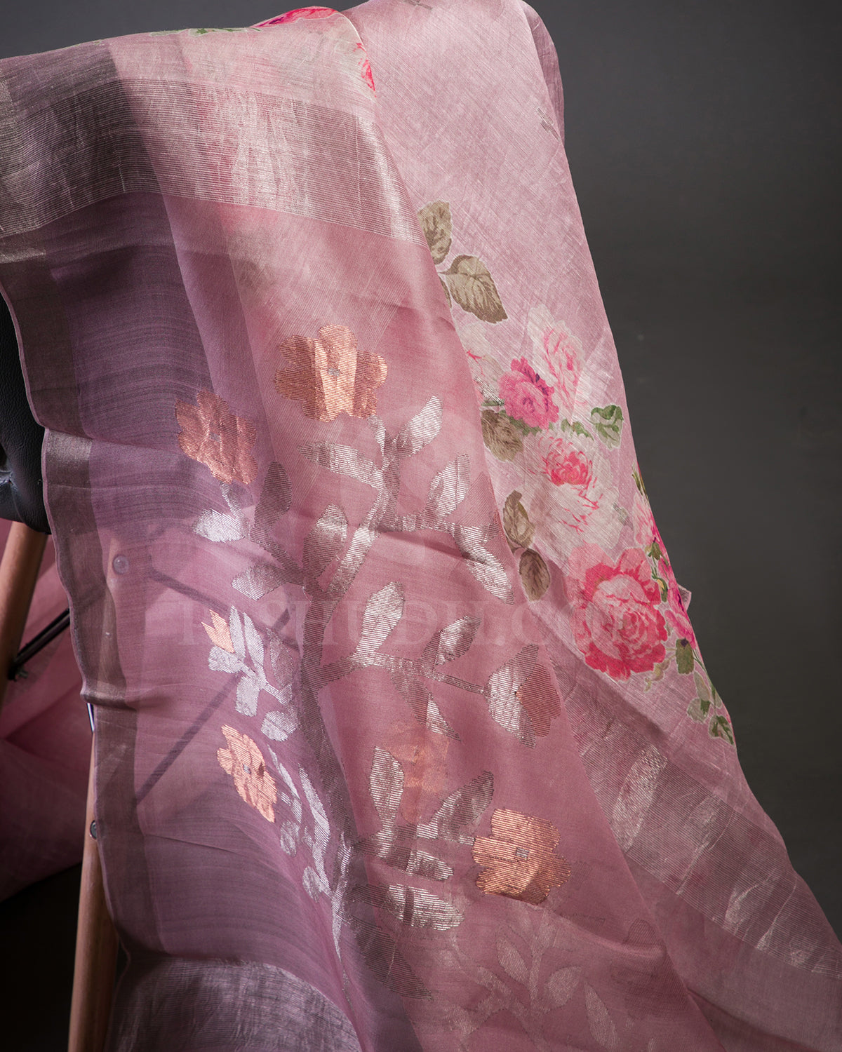 Pink Floral Printed Organza Linen Saree - KP20