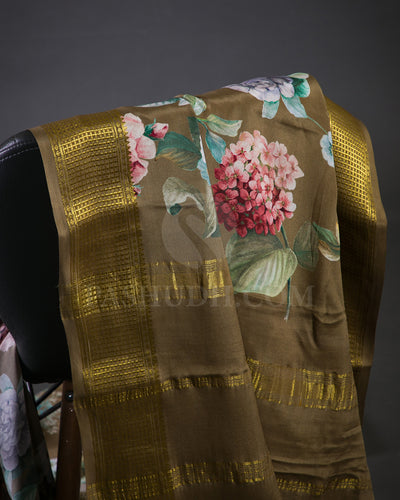 Dark Beige Printed Mysore Crepe Silk Saree - KP13