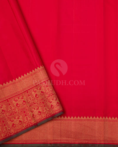 Cream / Ivory & Red Kanjivaram Silk Saree - S1019(A) - View 3