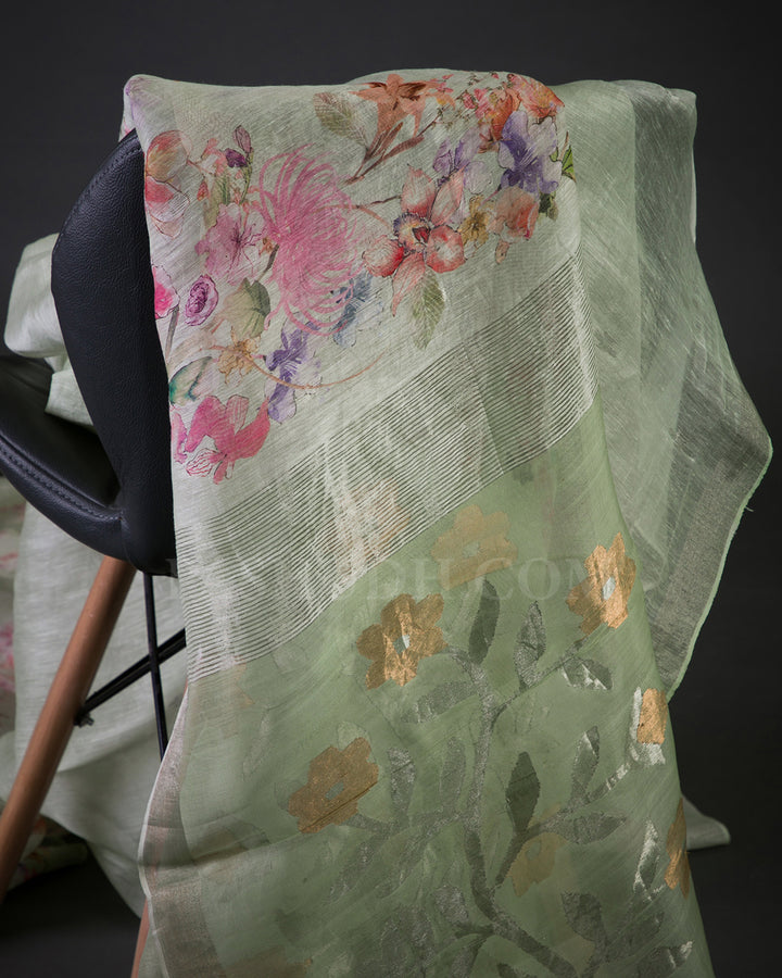 Mint Floral Printed Organza Linen Saree - KP22