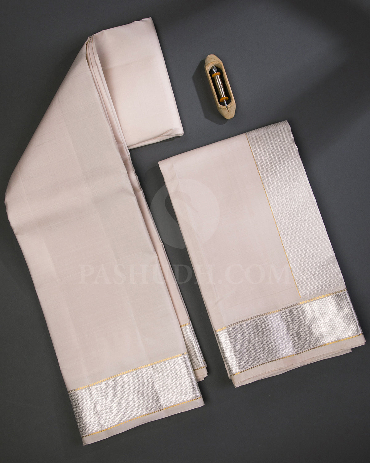 Cream Silk Dhothi With Matching Angavasthram Set - V10