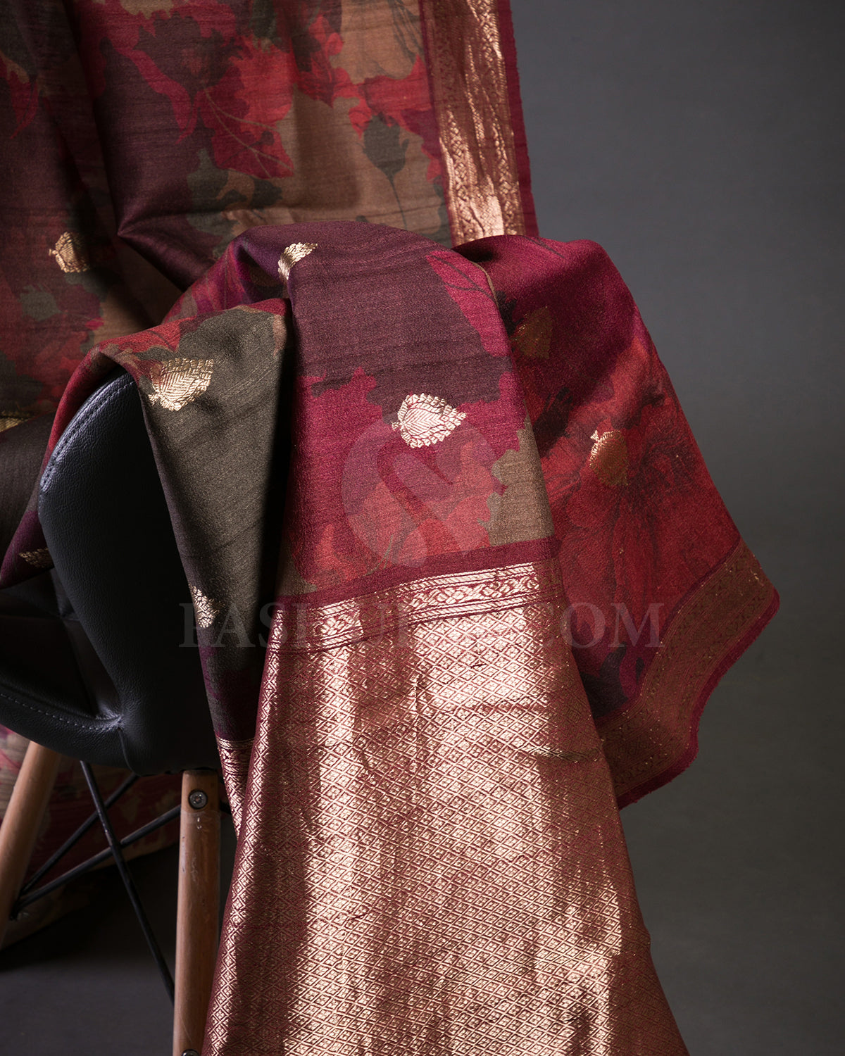 Maroon And Grey Handloom Printed Tussar Saree - KP24