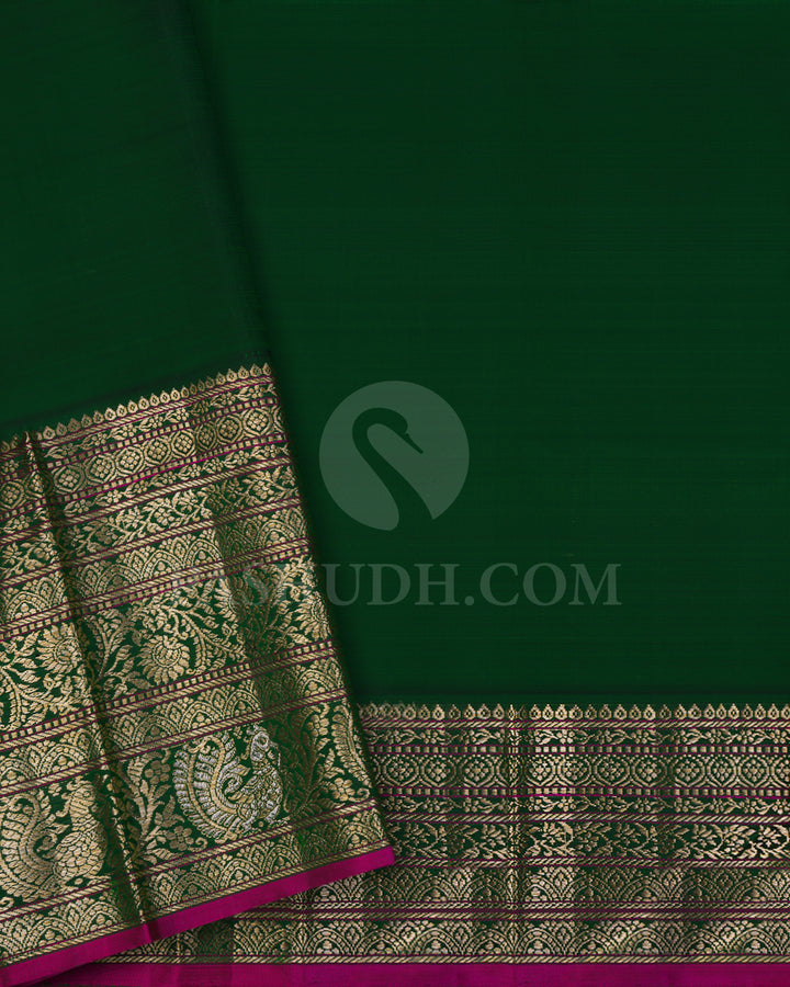 Ivory or Light Beige And Bottle Green Kanjivaram Silk Saree - S1336(C)