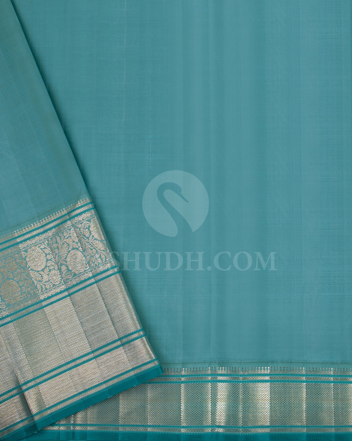 Turmeric Yellow And Light Teal Blue Kanjivaram Silk Saree - S1375(A)