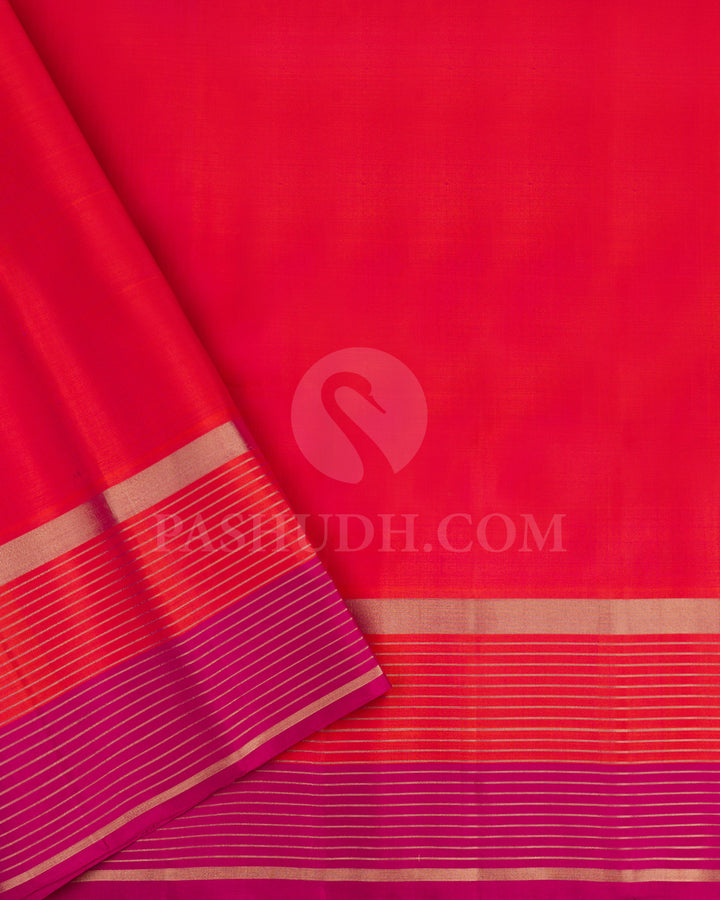 Dual Tone Green, Orange and Rani Pink Soft Silk Saree - AC100