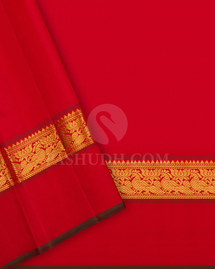 Olive Green And Red Kanjivaram Silk Saree - BKF19