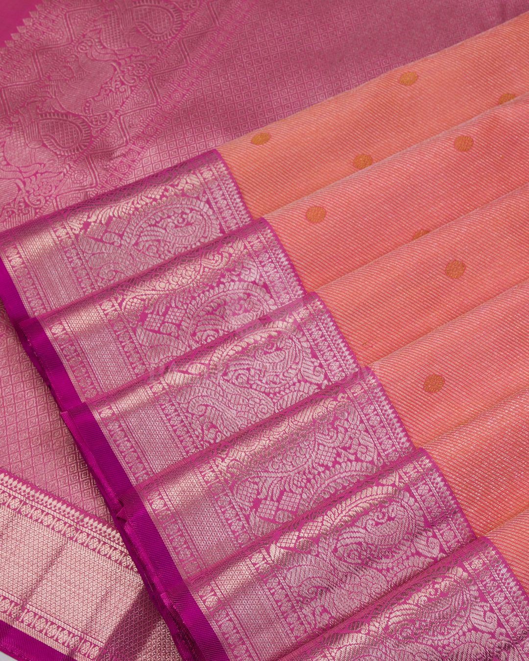 Coral Orange & Rouge Pink Kanjivaram Silk Saree - S1003 - View 4