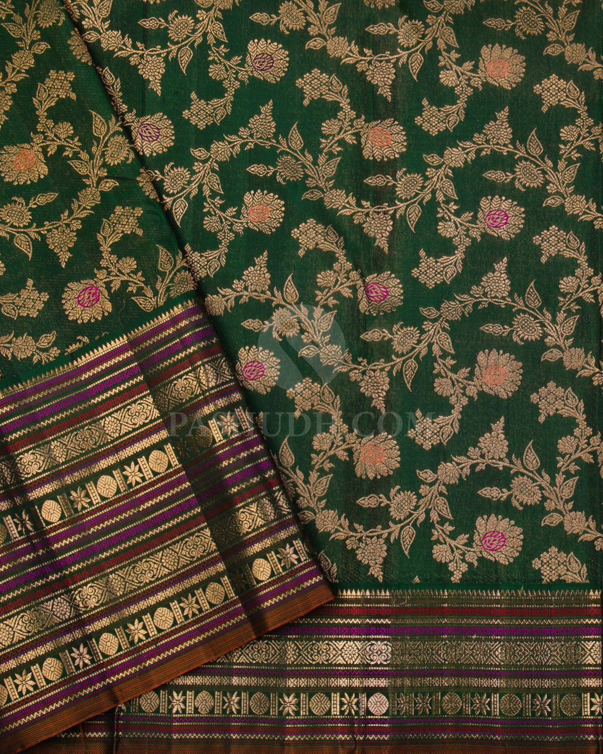 Red & Dark Green Kanjivaram Silk Saree - S1015(A) - View 3