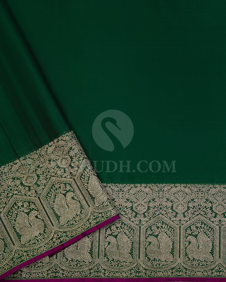 Cream and Forest Green Kanjivaram Silk Saree - S960