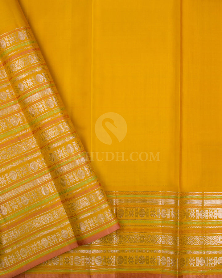 Turquoise Blue & Mango Yellow Kanjivaram Silk Saree - S1080(D) - View 3