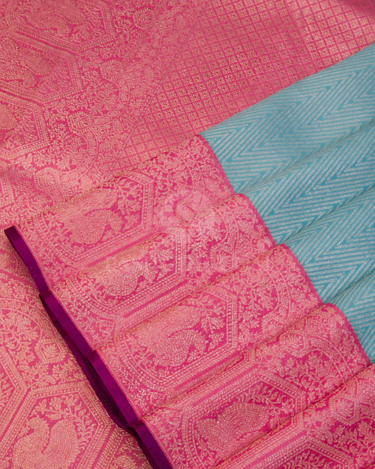 Sky Blue & Taffy Pink Kanjivaram Silk Saree - S967 - View 4
