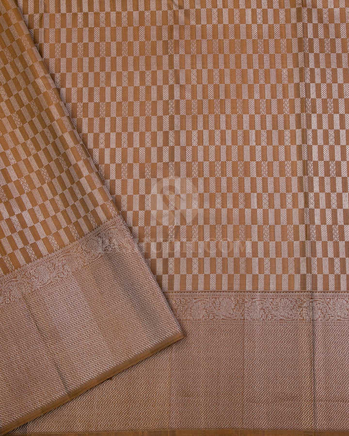 Orange and Khaki Silver Zari Kanjivaram Silk Saree - D497