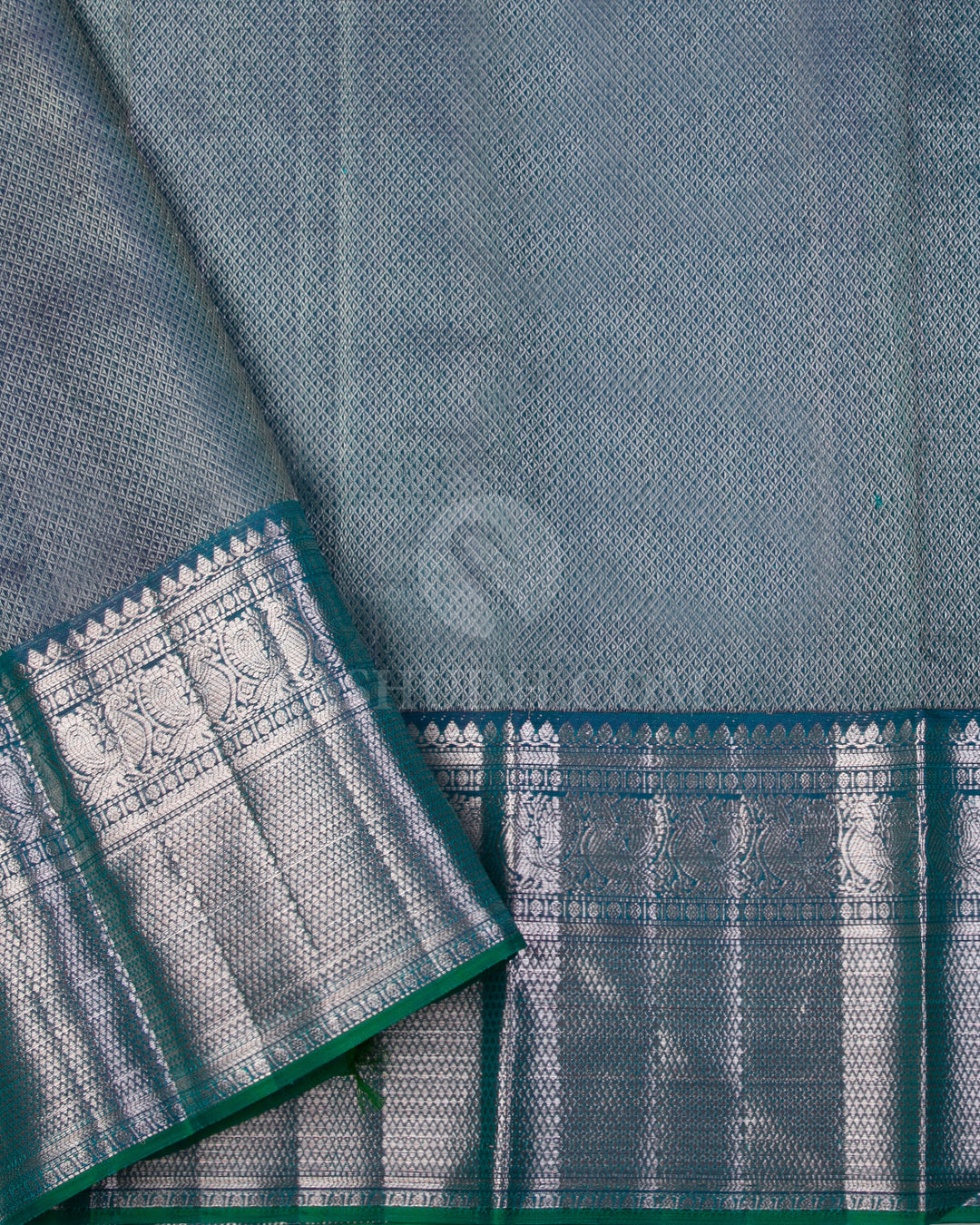 Emerald Green & Teal Blue Kanjivaram Silk Saree - D508(A) - View 2