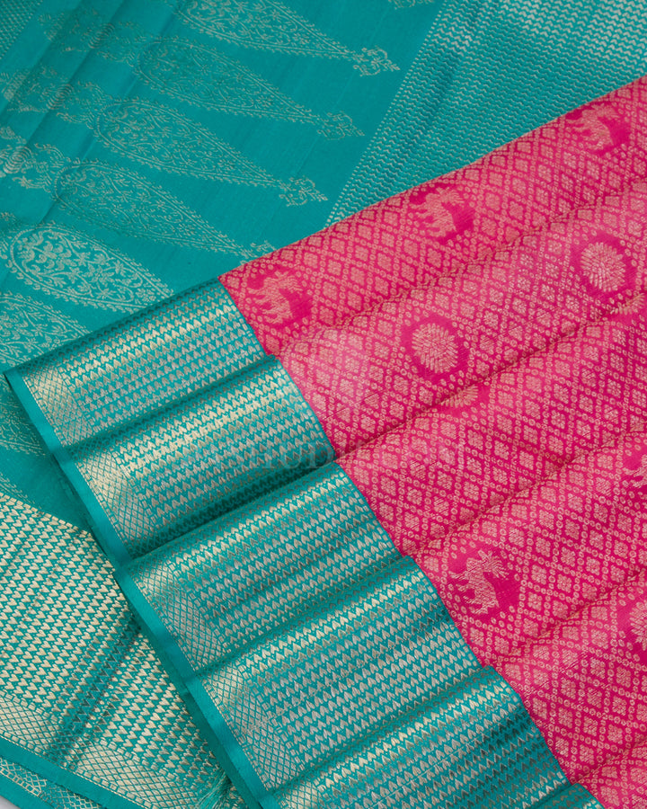 Rose Pink & Anandha Blue Kanjivaram Silk Saree - S985 - View 4