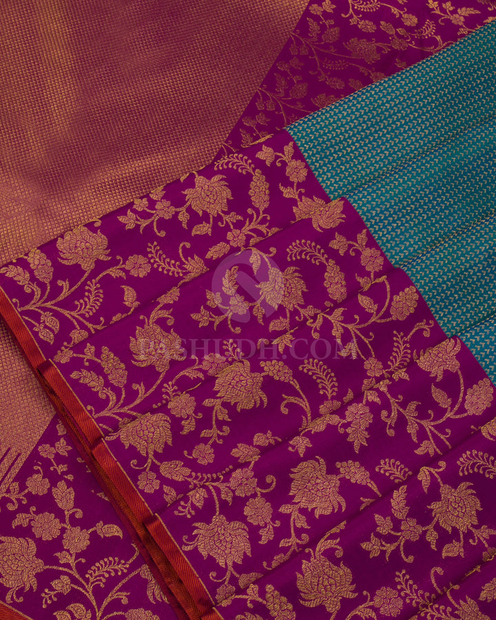 Peacock Blue & Magenta Kanjivaram Silk Saree - S989 - View 4