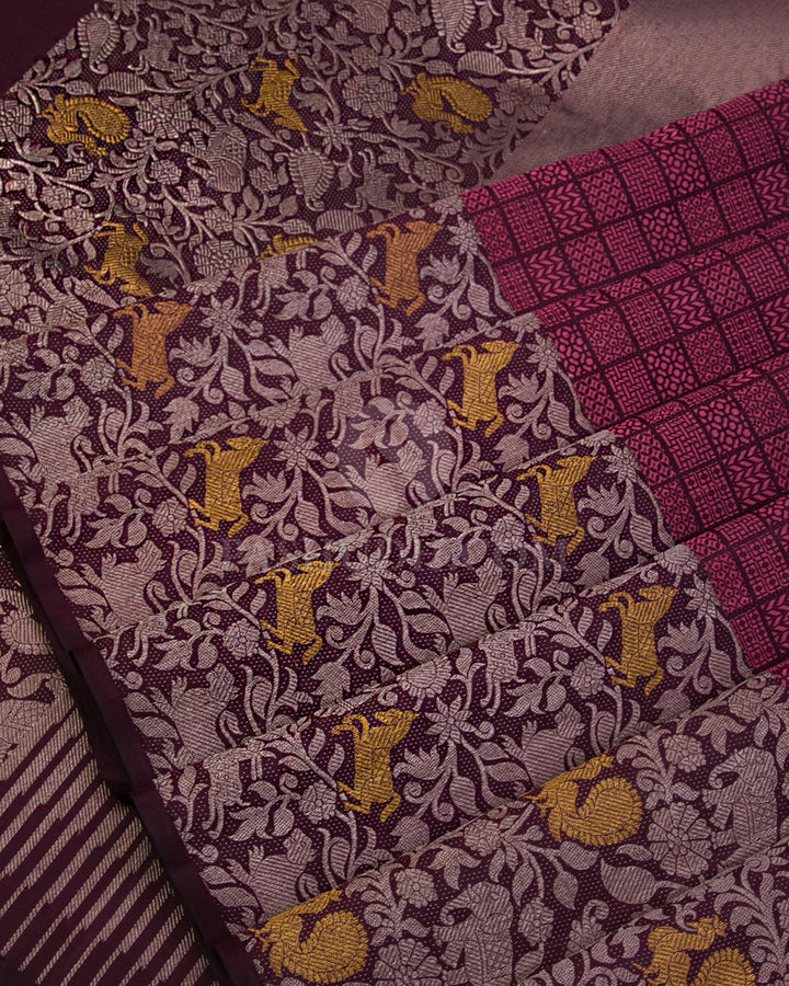 Betel Nut (Maroon) & Aubergine Kanjivaram Silk Saree - S1002 - View 4